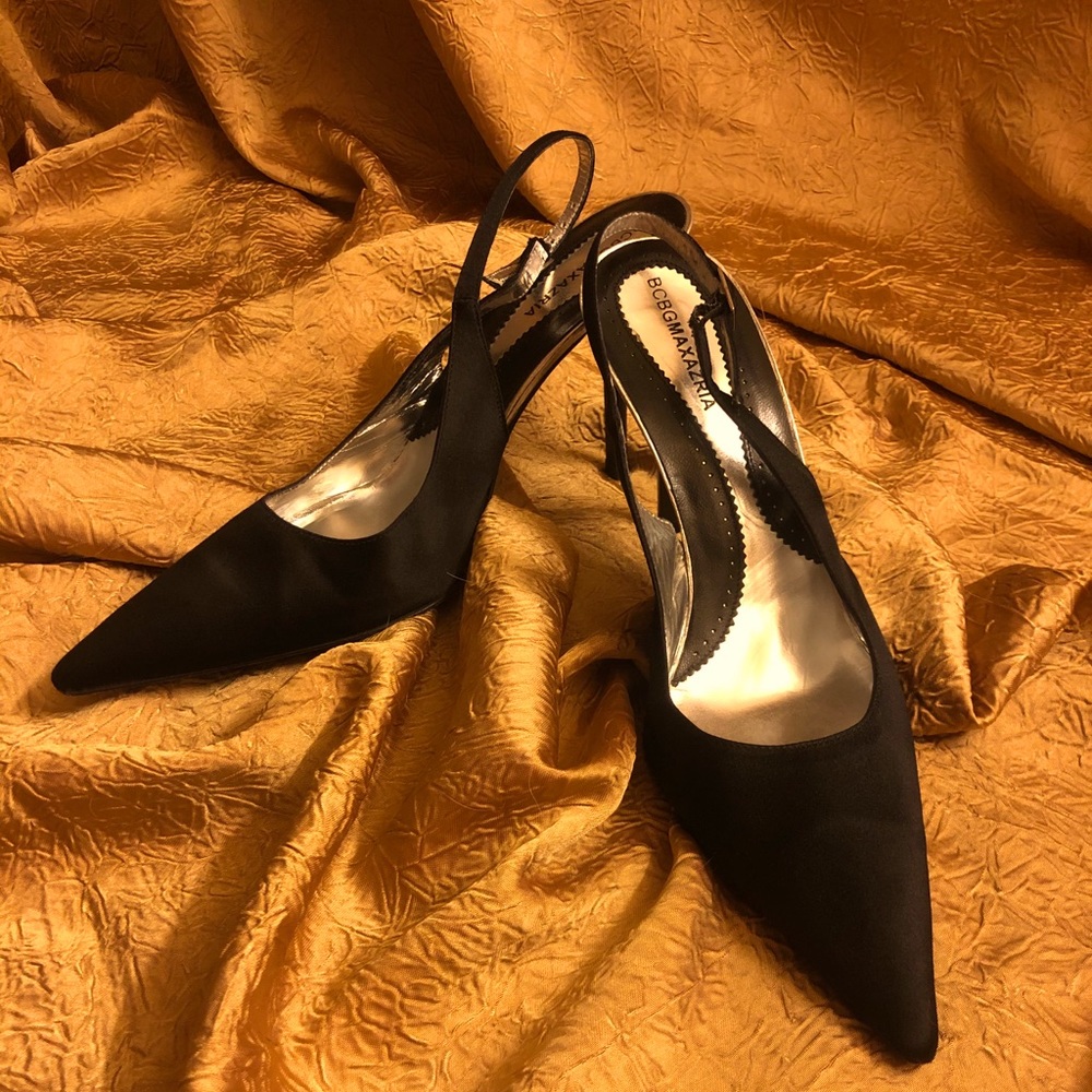 BCBGmaxazria black satin sling back heels sz 6.5
